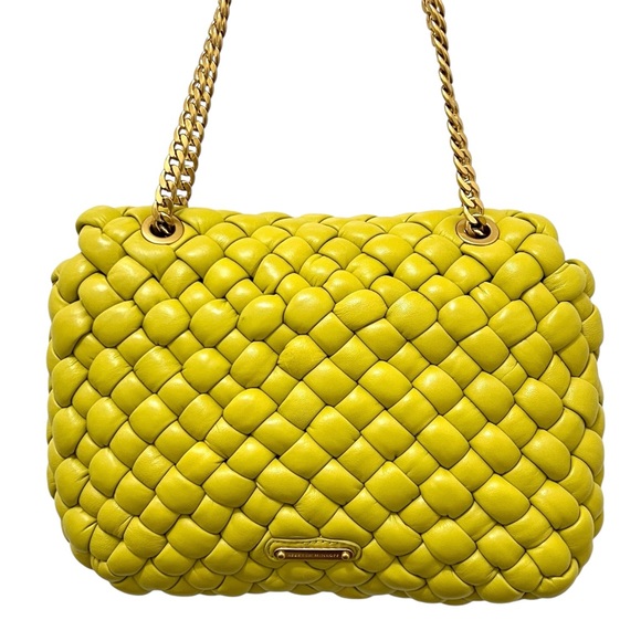 REBECCA MINKOFF Woven Leather Edie Flap Handbag Yellow - Picture 4 of 16